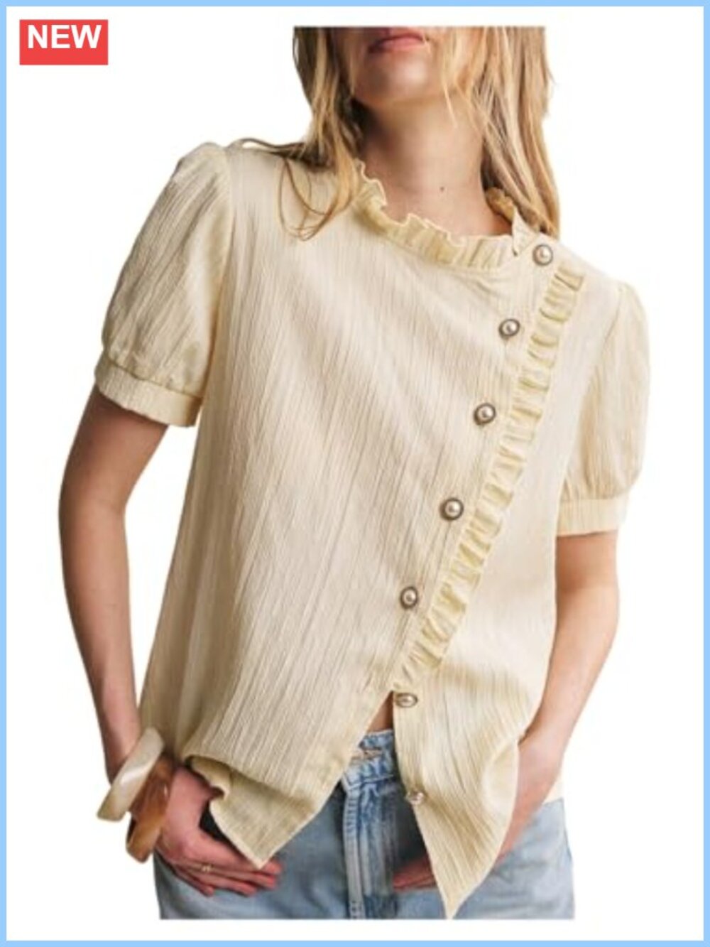 Women's Puff Sleeve Pearl Button Down Ruffle Blouse Stand Collar